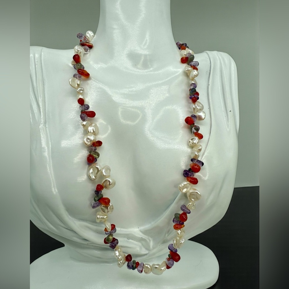 Honora White Petal Keshi Pearl, Amethyst & Carnelian Gemstone Necklace – 20” 925